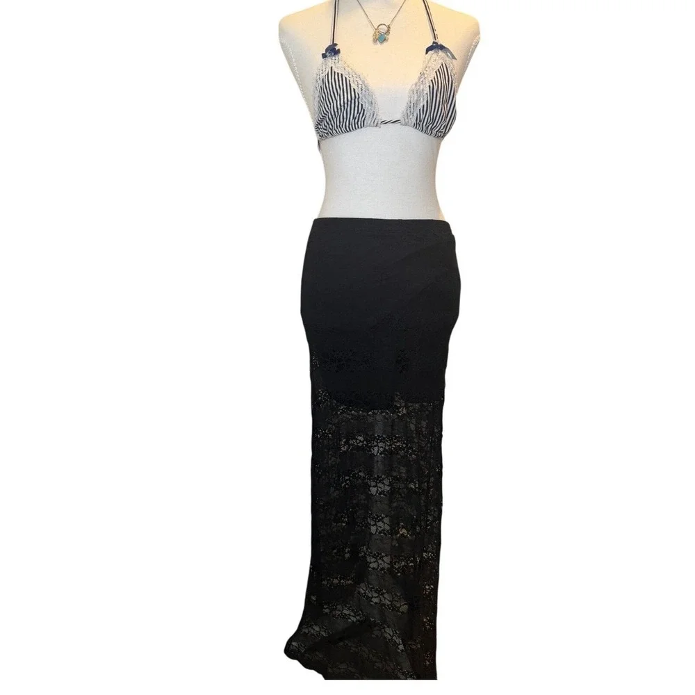 Lily White Black Lace Maxi Skirt Womens XS‎ Sheer Lace Boho Goth Festival
